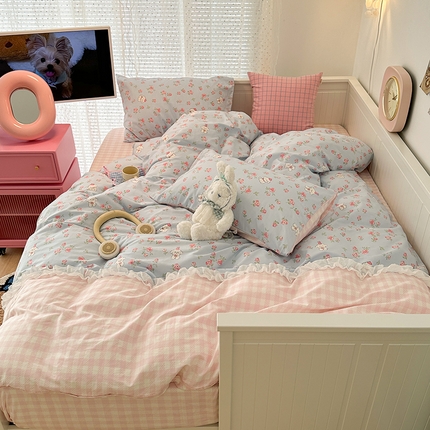 昔可家纺 2024新款时尚拼接雪纺边全棉四件套 复古花花狗