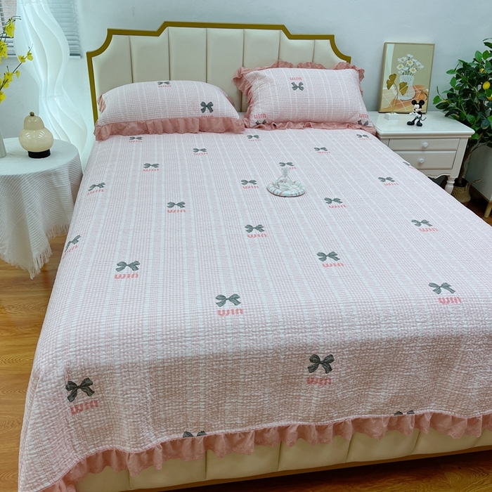 91家纺网 家纺一手货源 找家纺 暖居 2024新款豆豆被四件套棉花床盖三件套四季通用 蝴蝶结粉