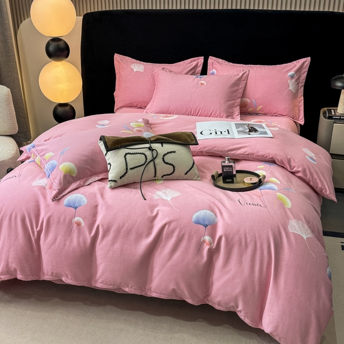 91家纺网 家纺一手货源 找家纺 昊翔家纺 2024新款全棉磨毛印花四件套 舒叶-粉