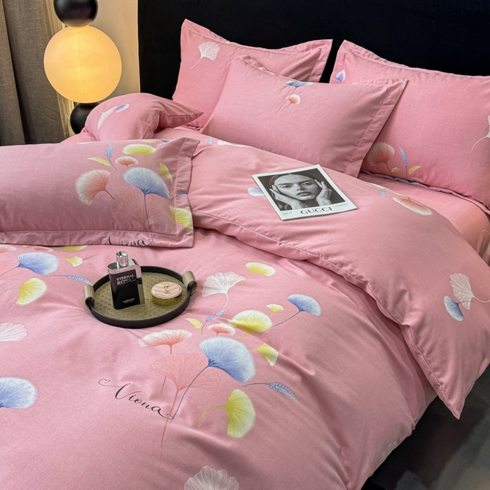 91家纺网 家纺一手货源 找家纺 昊翔家纺 2024新款全棉磨毛印花四件套 舒叶-粉