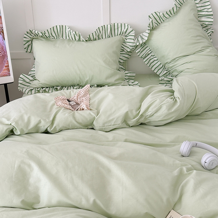 91家纺网 家纺一手货源 找家纺 （总）昔可家纺 2024新款纯色亲肤条纹花边四件套