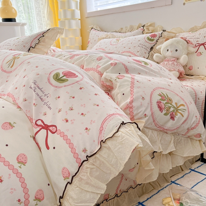 91家纺网 家纺一手货源 找家纺 暖居 2024新款韩系全棉高温砂洗棉花床盖被套四件套纯棉床盖三件套 手捧花