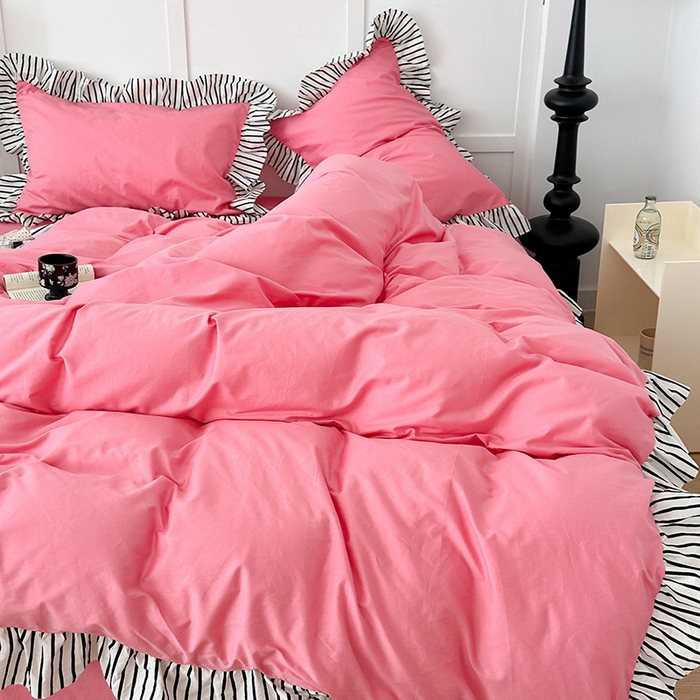 91家纺网 家纺一手货源 找家纺 昔可家纺 2024新款纯色亲肤条纹花边四件套 千禧黑条