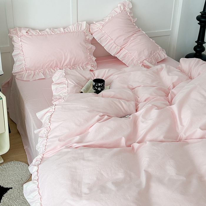 91家纺网 家纺一手货源 找家纺 昔可家纺 2024新款贴边纯色条纹四件套系列 芭蕾粉条