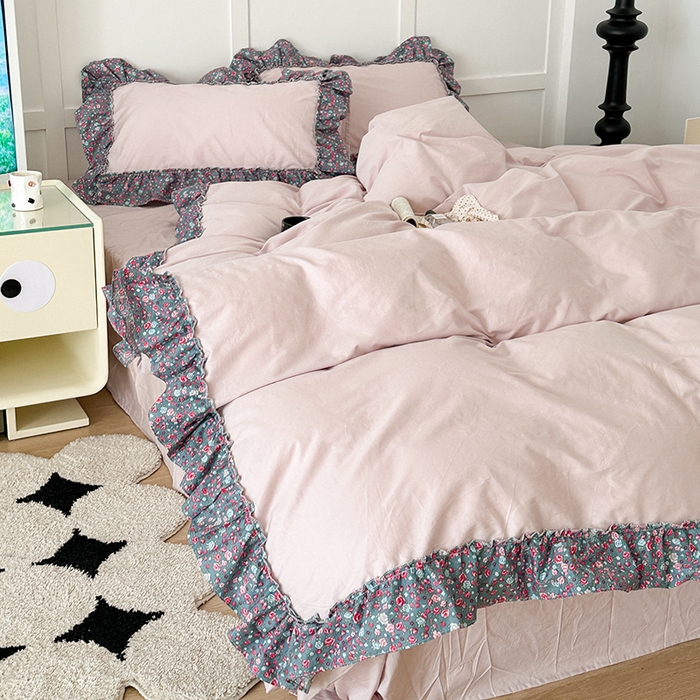 91家纺网 家纺一手货源 找家纺 昔可家纺 2024新款纯色碎花花边全棉小清新四件套 紫韵花海