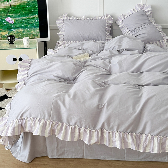 91家纺网 家纺一手货源 找家纺 昔可家纺 2024新款贴边纯色条纹四件套系列 柔雾紫条