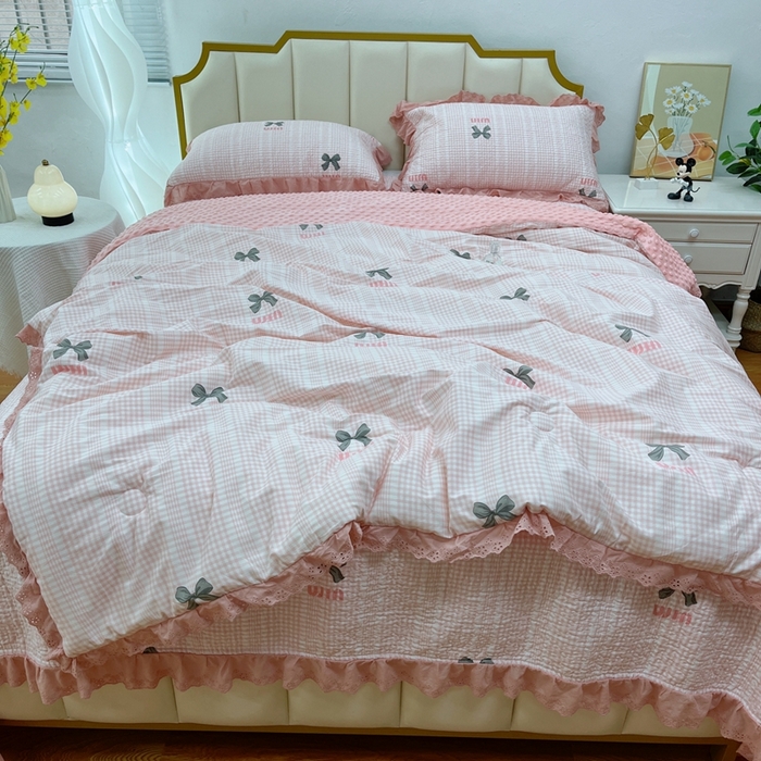 91家纺网 家纺一手货源 找家纺 暖居 2024新款豆豆被四件套棉花床盖三件套四季通用 蝴蝶结粉