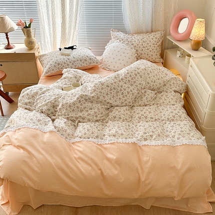 昔可家纺 2024新款拼接蕾丝花边全棉四件套 彩色玫瑰