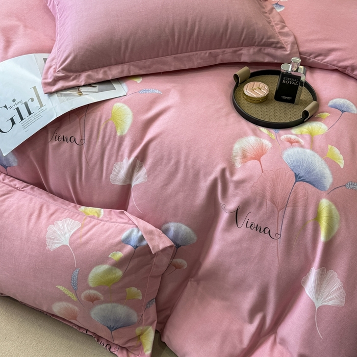 91家纺网 家纺一手货源 找家纺 昊翔家纺 2024新款全棉磨毛印花四件套 舒叶-粉