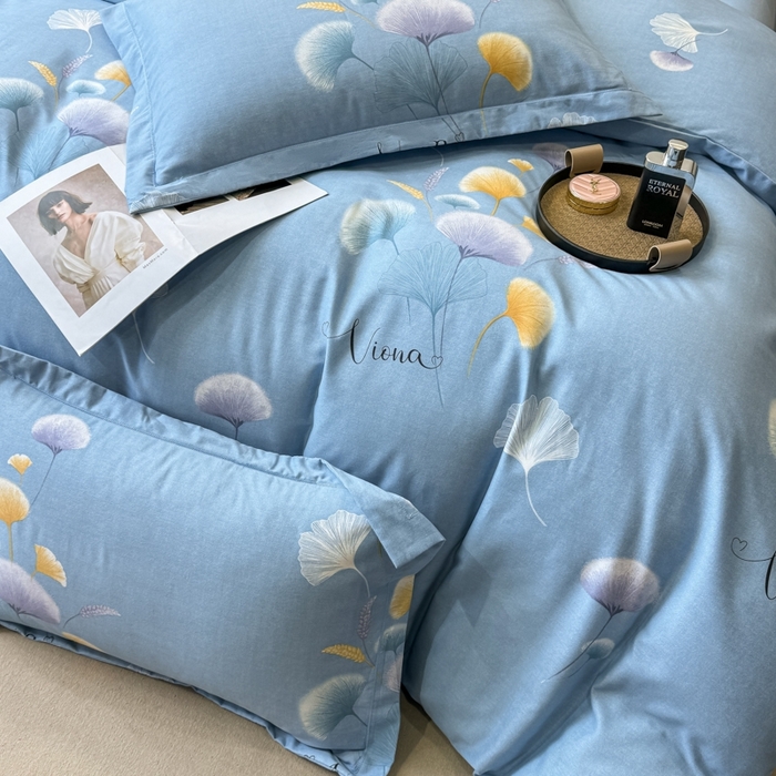 91家纺网 家纺一手货源 找家纺 昊翔家纺 2024新款全棉磨毛印花四件套 舒叶-蓝