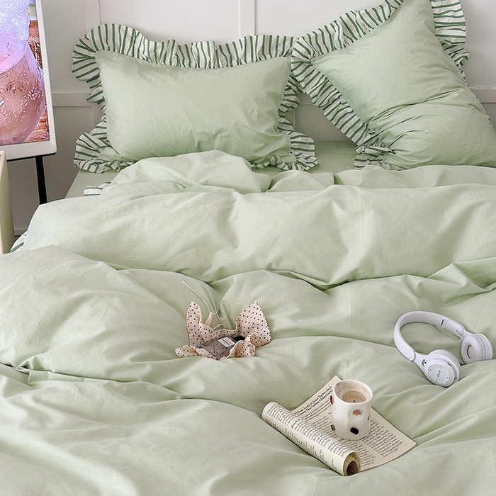 91家纺网 家纺一手货源 找家纺 昔可家纺 2024新款纯色亲肤条纹花边四件套 薄荷绿条