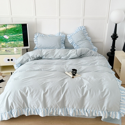 昔可家纺 2024新款贴边纯色条纹四件套系列 奶油蓝条
