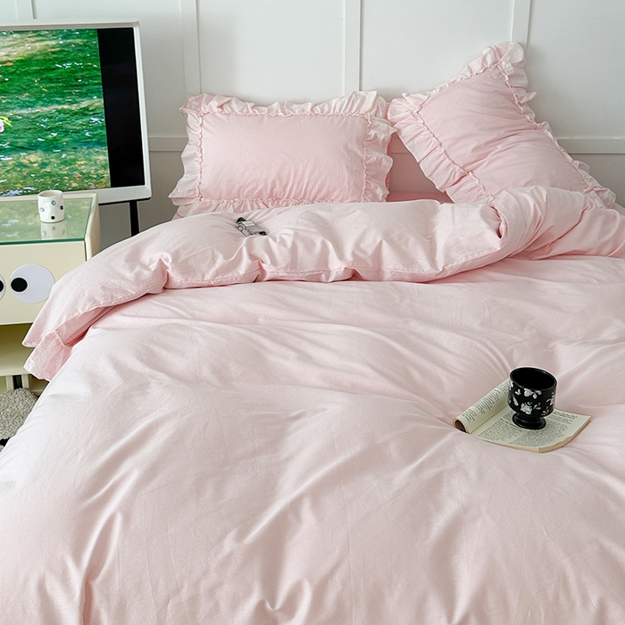 91家纺网 家纺一手货源 找家纺 昔可家纺 2024新款贴边纯色条纹四件套系列 芭蕾粉条