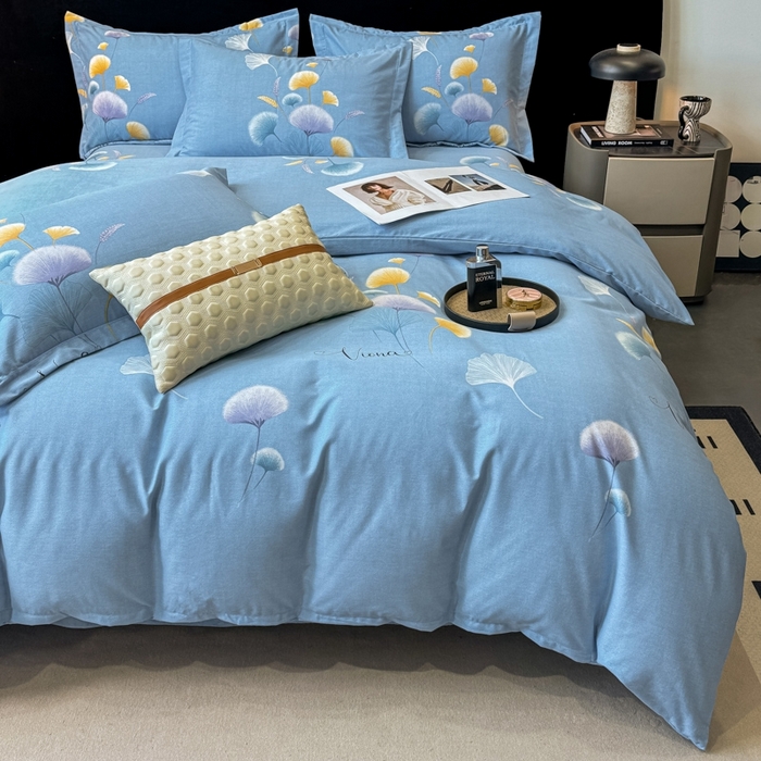 91家纺网 家纺一手货源 找家纺 昊翔家纺 2024新款全棉磨毛印花四件套 舒叶-蓝