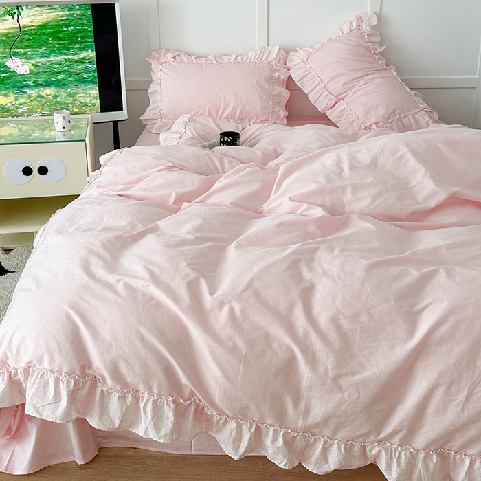 91家纺网 家纺一手货源 找家纺 昔可家纺 2024新款贴边纯色条纹四件套系列 芭蕾粉条