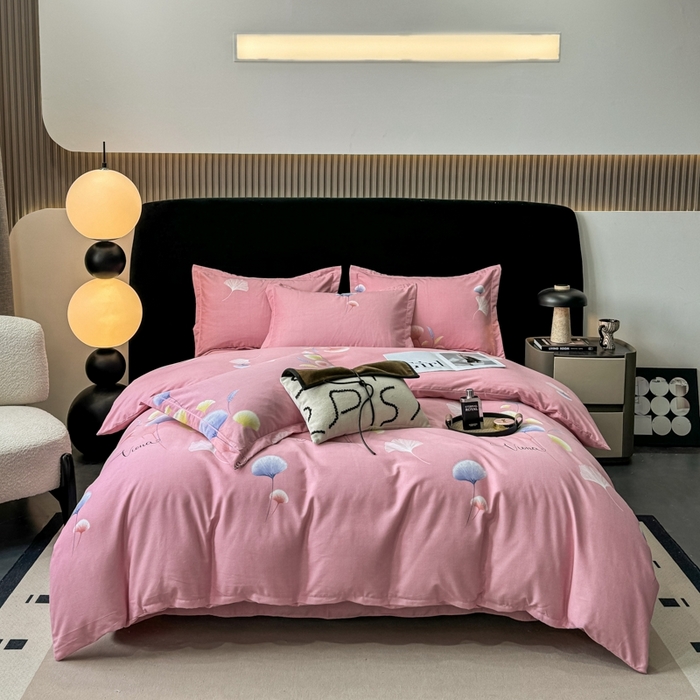 91家纺网 家纺一手货源 找家纺 昊翔家纺 2024新款全棉磨毛印花四件套 舒叶-粉