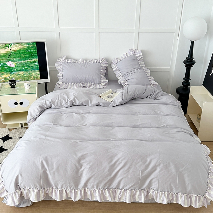 91家纺网 家纺一手货源 找家纺 昔可家纺 2024新款贴边纯色条纹四件套系列 柔雾紫条