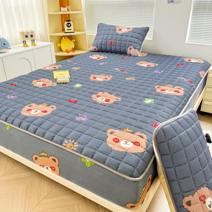 91家纺网 家纺一手货源 找家纺 卡派 2024新款大床水洗棉夹棉加厚床笠（印花系列） 灰熊