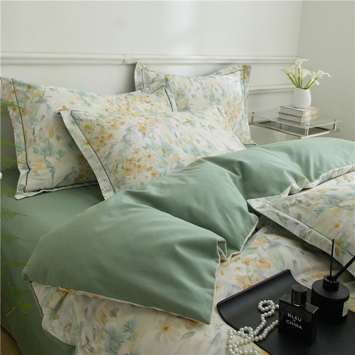 91家纺网 家纺一手货源 找家纺 沐白家居 2024新款全棉生态磨毛印花四件套系列 半亩花田-绿