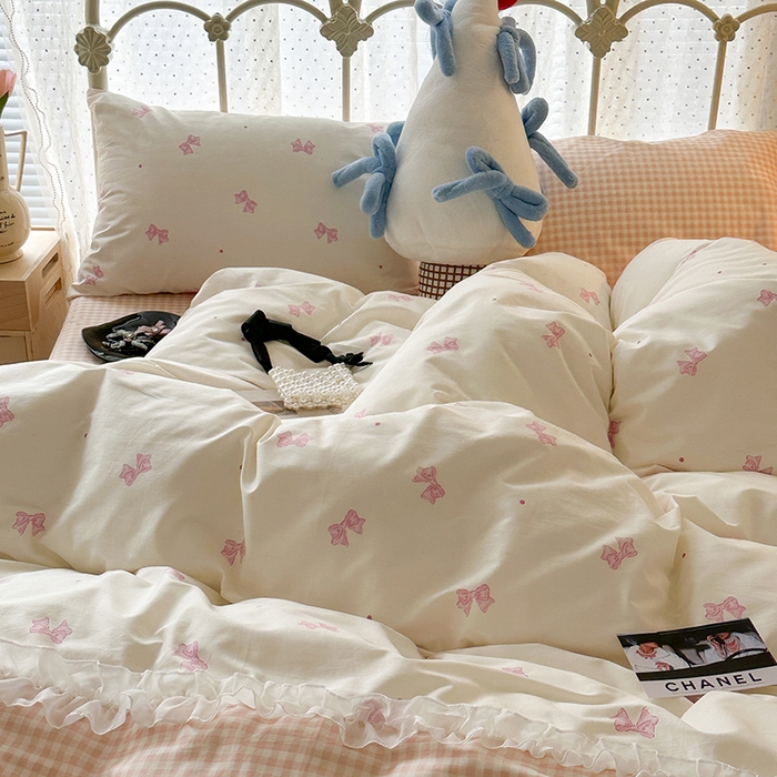 91家纺网 家纺一手货源 找家纺 （总）昔可家纺 2024新款时尚拼接雪纺边全棉四件套