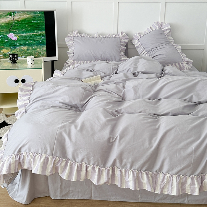 91家纺网 家纺一手货源 找家纺 昔可家纺 2024新款贴边纯色条纹四件套系列 柔雾紫条