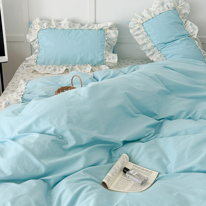 91家纺网 家纺一手货源 找家纺 昔可家纺 2024新款纯色碎花花边全棉小清新四件套 海蓝玫瑰