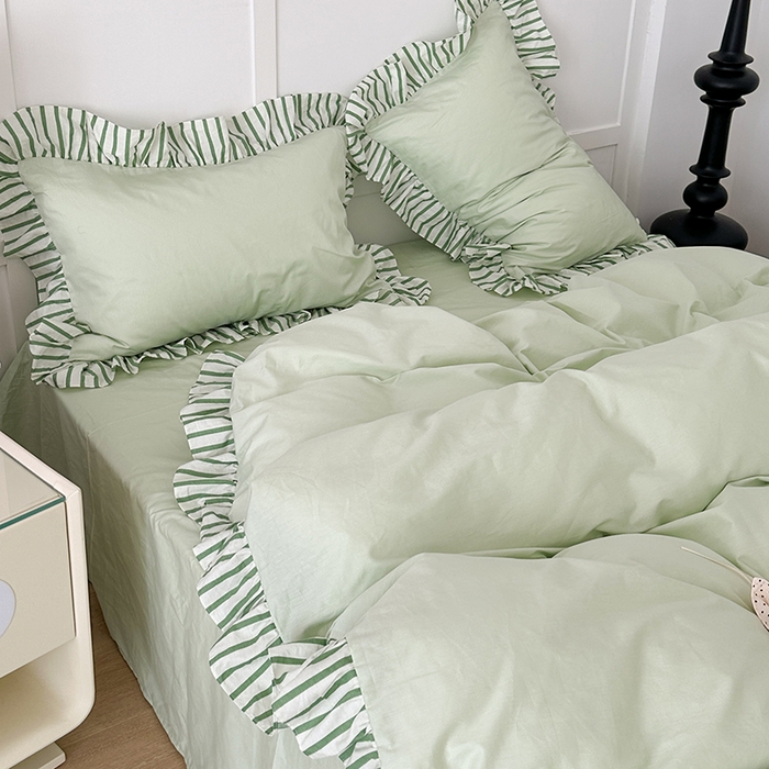 91家纺网 家纺一手货源 找家纺 昔可家纺 2024新款纯色亲肤条纹花边四件套 薄荷绿条