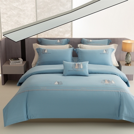 91家纺网 家纺一手货源 找家纺 高大尚婚庆馆 2025新款长绒棉磨毛高端绣花四件套 希尔 极光蓝