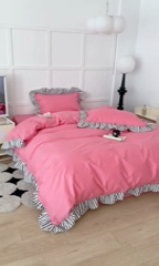 91家纺网 家纺一手货源 找家纺 昔可家纺 2024新款纯色亲肤条纹花边四件套 千禧黑条