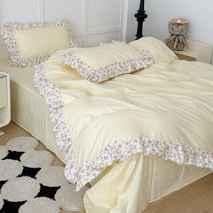 91家纺网 家纺一手货源 找家纺 昔可家纺 2024新款纯色碎花花边全棉小清新四件套 茉莉山茶