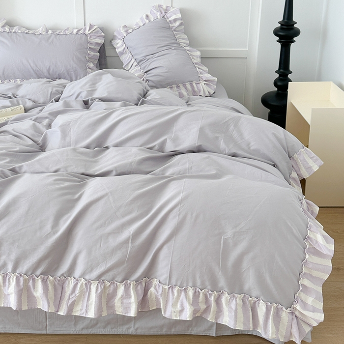 91家纺网 家纺一手货源 找家纺 昔可家纺 2024新款贴边纯色条纹四件套系列 柔雾紫条