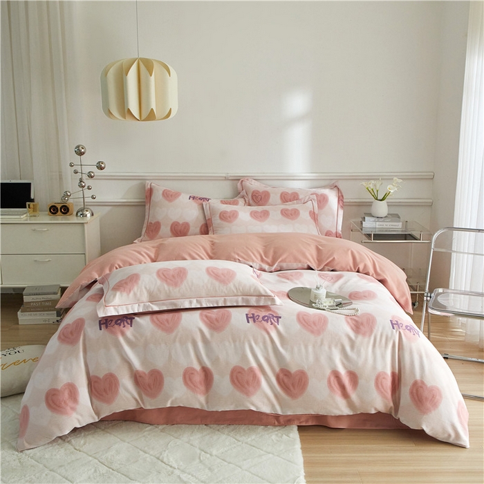 91家纺网 家纺一手货源 找家纺 沐白家居 2024新款全棉生态磨毛印花四件套系列 心心相印-粉