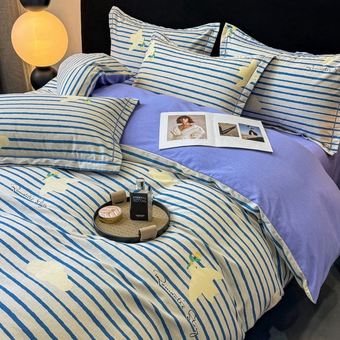 91家纺网 家纺一手货源 找家纺 昊翔家纺 2024新款全棉磨毛印花四件套 小云朵-咖