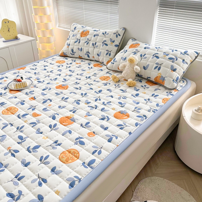 91家纺网 家纺一手货源 找家纺 迪乐妮 2024新款大床水洗棉加厚夹棉防滑床褥子（印花系列） 橙子