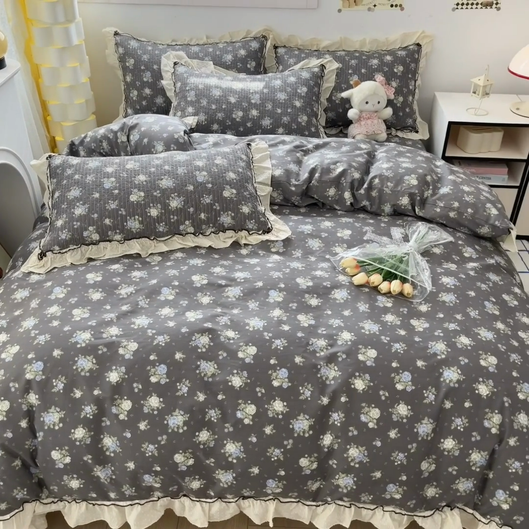 91家纺网 家纺一手货源 找家纺 暖居 2024新款韩系全棉高温砂洗棉花床盖被套四件套纯棉床盖三件套 晚介