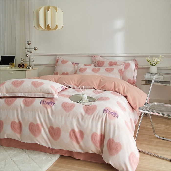 91家纺网 家纺一手货源 找家纺 沐白家居 2024新款全棉生态磨毛印花四件套系列 心心相印-粉