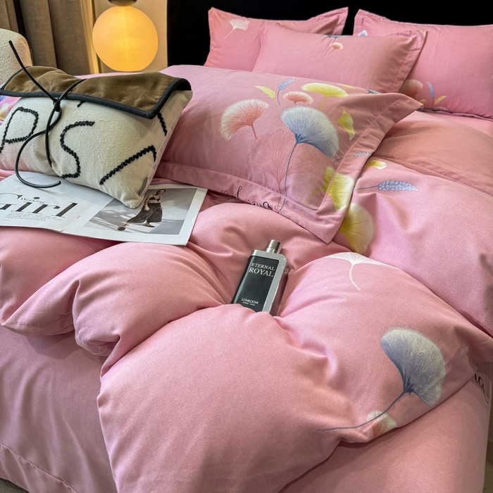 91家纺网 家纺一手货源 找家纺 昊翔家纺 2024新款全棉磨毛印花四件套 舒叶-粉