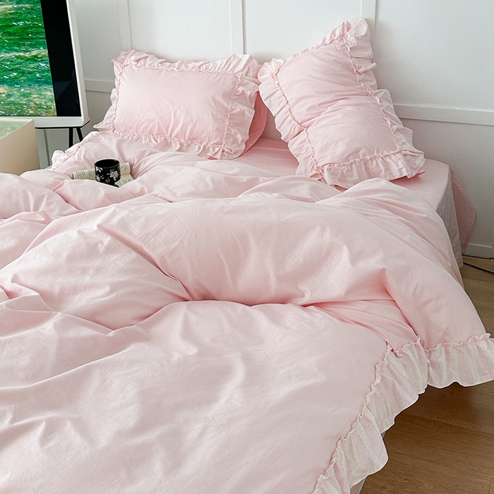 91家纺网 家纺一手货源 找家纺 昔可家纺 2024新款贴边纯色条纹四件套系列 芭蕾粉条