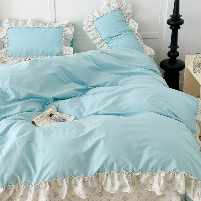 91家纺网 家纺一手货源 找家纺 昔可家纺 2024新款纯色碎花花边全棉小清新四件套 海蓝玫瑰