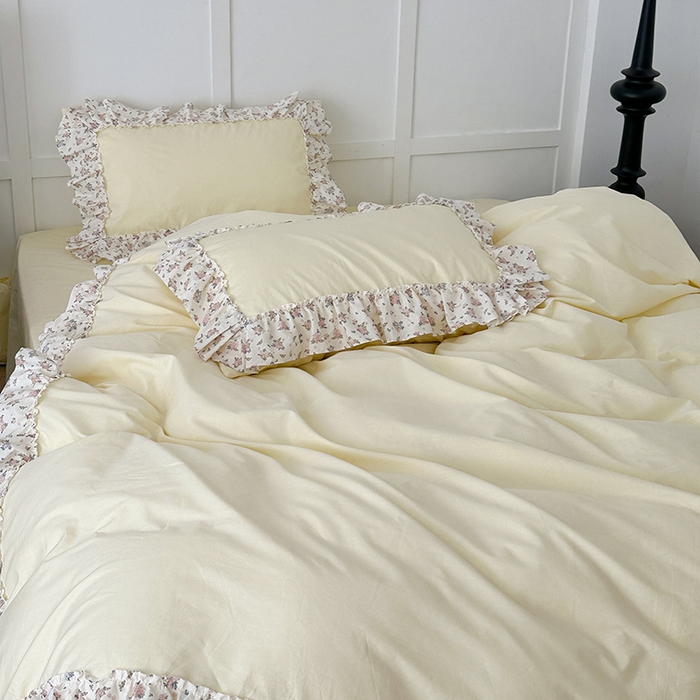 91家纺网 家纺一手货源 找家纺 昔可家纺 2024新款纯色碎花花边全棉小清新四件套 茉莉山茶