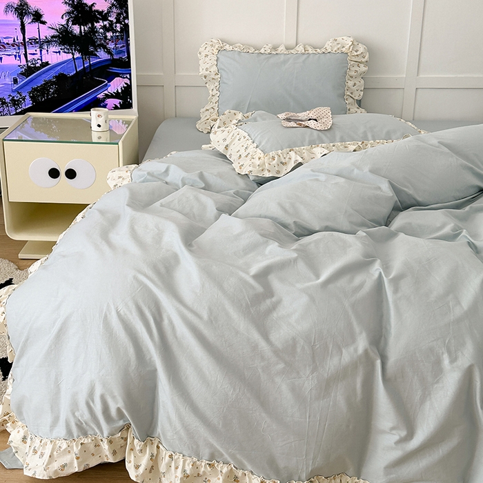 91家纺网 家纺一手货源 找家纺 昔可家纺 2024新款纯色碎花花边全棉小清新四件套 琉璃幽兰