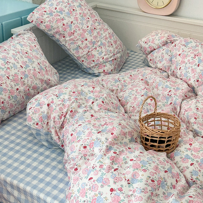 91家纺网 家纺一手货源 找家纺 昔可家纺 2024新款时尚拼接雪纺边全棉四件套 花园小兔