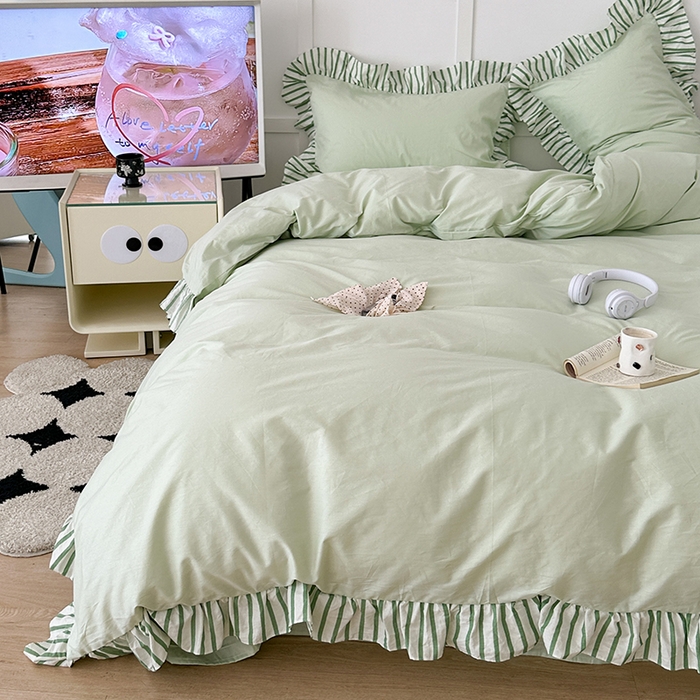 91家纺网 家纺一手货源 找家纺 昔可家纺 2024新款纯色亲肤条纹花边四件套 薄荷绿条