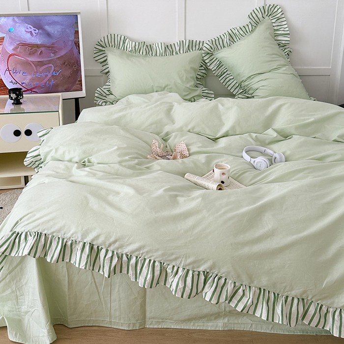 91家纺网 家纺一手货源 找家纺 昔可家纺 2024新款纯色亲肤条纹花边四件套 薄荷绿条