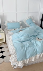 91家纺网 家纺一手货源 找家纺 昔可家纺 2024新款纯色碎花花边全棉小清新四件套 海蓝玫瑰