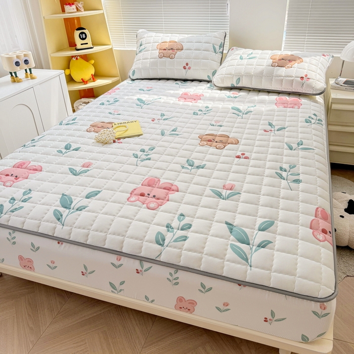 91家纺网 家纺一手货源 找家纺 卡派 2024新款大床水洗棉夹棉加厚床笠（印花系列） 可爱兔