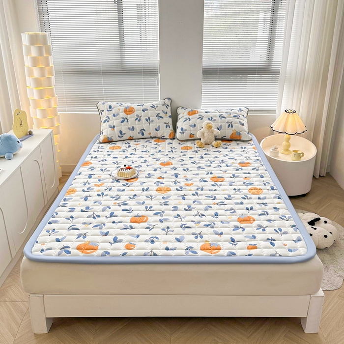 91家纺网 家纺一手货源 找家纺 迪乐妮 2024新款大床水洗棉加厚夹棉防滑床褥子（印花系列） 橙子