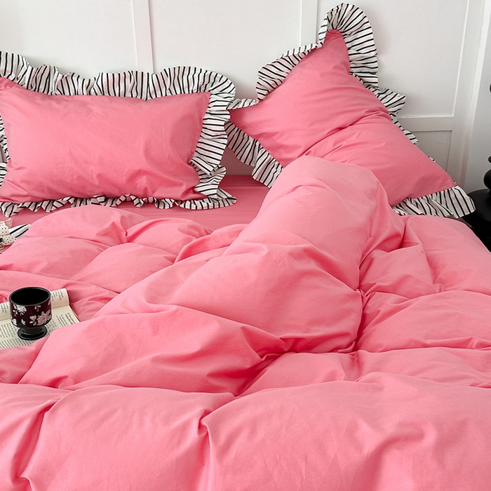 91家纺网 家纺一手货源 找家纺 昔可家纺 2024新款纯色亲肤条纹花边四件套 千禧黑条