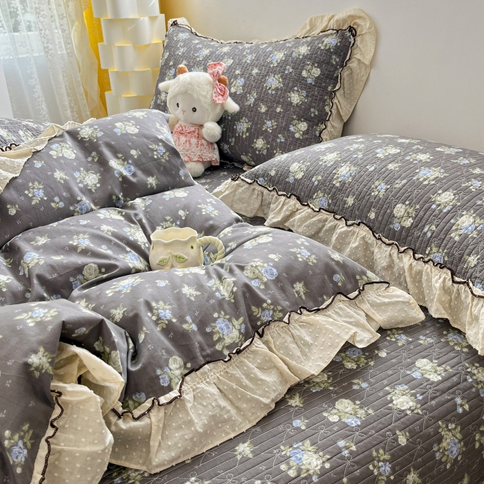 91家纺网 家纺一手货源 找家纺 暖居 2024新款韩系全棉高温砂洗棉花床盖被套四件套纯棉床盖三件套 晚介