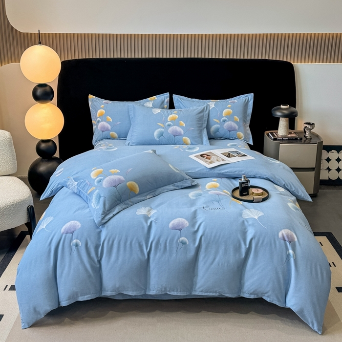 91家纺网 家纺一手货源 找家纺 昊翔家纺 2024新款全棉磨毛印花四件套 舒叶-蓝